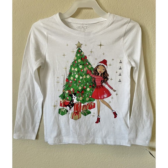 White Glitter Sparkle Holiday Tree Presents Frenchie Long Sleeve Top Size S 5/6 - Picture 1 of 4
